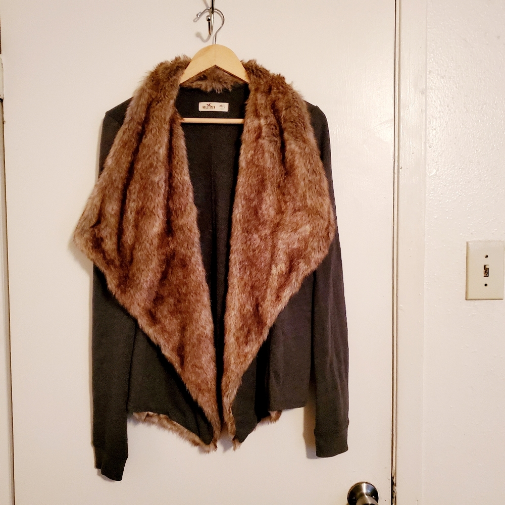 Hollister Gray/Faux Fur Open Cardigan Size M/L